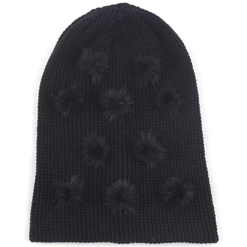 black black Charm wood, кашемировая шапочка для взрослых, Осень-зима, теплая шапка с черепом, шапка бини, пуловер, манжета, шапка с маленьким помпоном, аксессуары в горошек - Цвет: black black