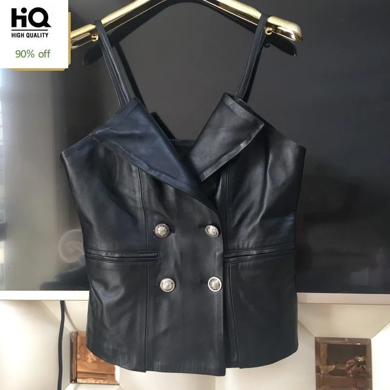 

Genuine Leather Vest Black Female Sleeveless Short Sexy Leather Waistcoat Clothing Korean Style Streetwear Sheepskin Vests Soft