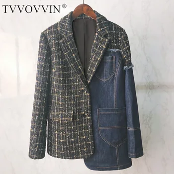 

TVVOVVIN 2019 Office Lady Autumn Stripe Patchwork Cowboy Small Suit Easy Irregular Skirt Pocket Loose Coat Woman Trend ZX369