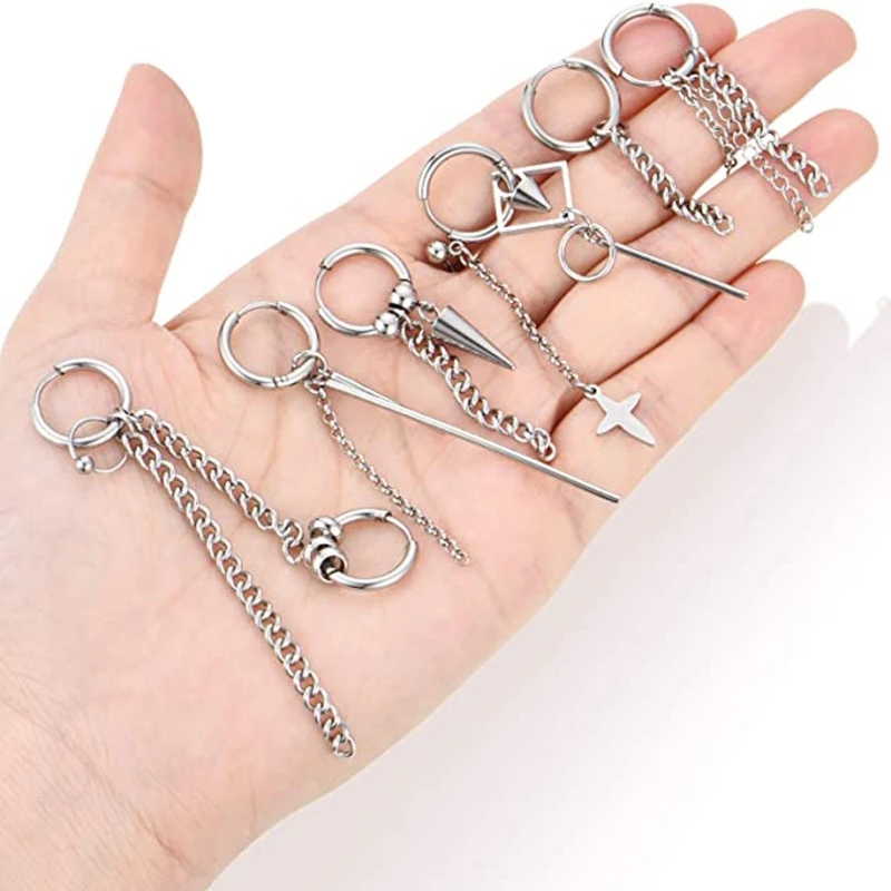 24Pcs Korean Huggie Hoop Earring Stainless Steel Dangle Hinged Feather Drop Earrings Long Chain Pendant Earrings Jewelry
