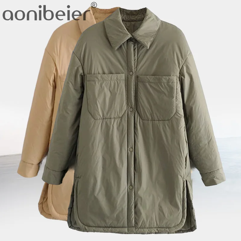 Aonibeier-Parkas finas de gran tamaño para mujer, chaquetas de camisa de manga larga, abrigo verde militar, ropa de abrigo, atuendo de gran bolsillo