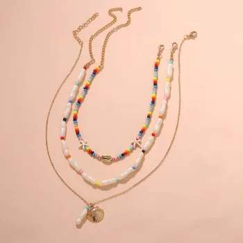 

Glass Beads Imitation baroque pearl choker layered necklaces 3 in one 3 pcs necklace summer starfish sea shell pendant necklace