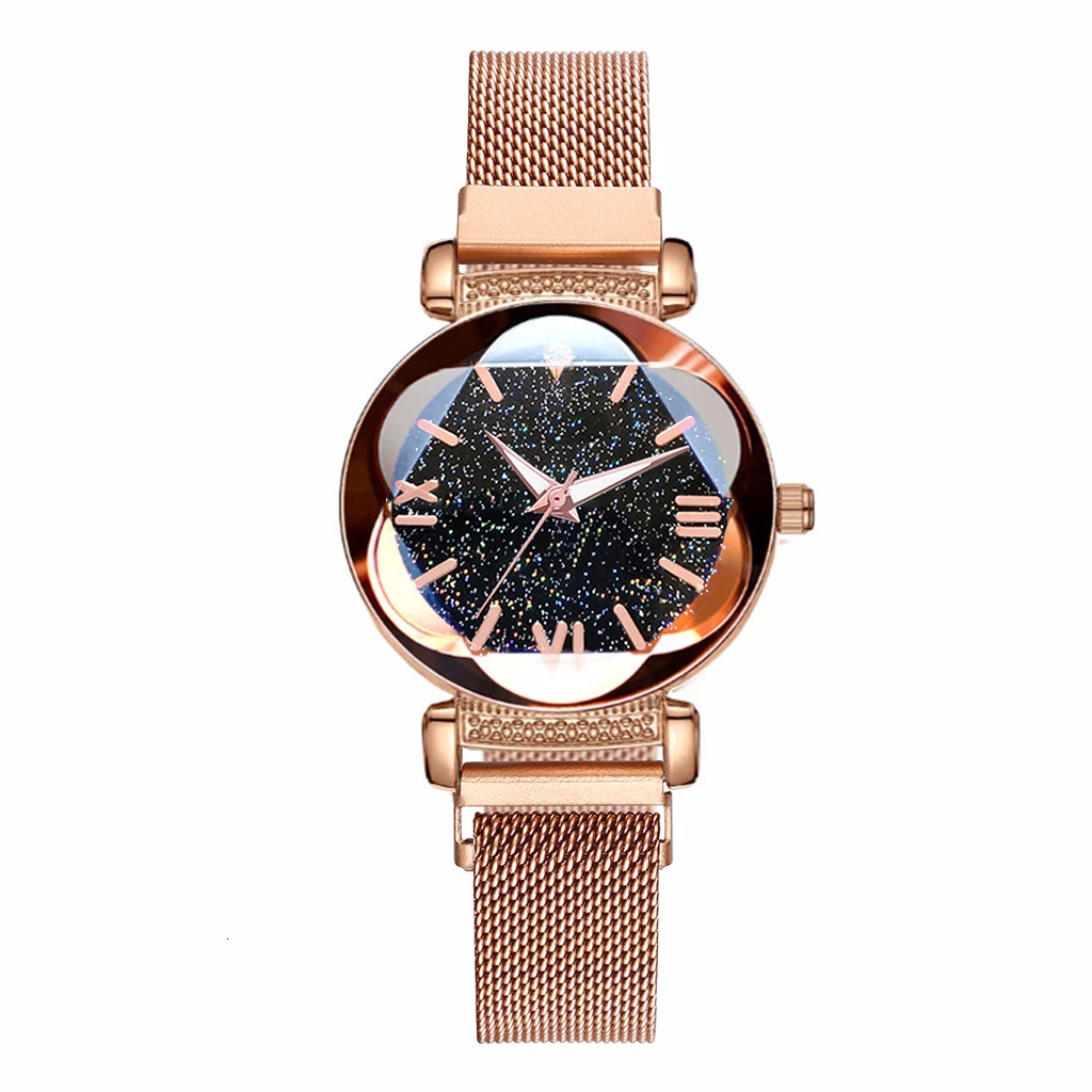 rose gold Лидер продаж женские магнитные пряжки звездное небо римские часы с цифрами роскошные женские кварцевые часы из нержавеющей стали Прямая поставка - Цвет: rose gold