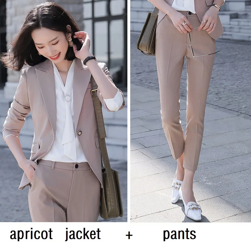 apricot jacket pants Женские костюмы, тонкие, весна-осень, одноцветные, блейзеры, куртки, штаны, 2 шт, набор, OL, формальные, женские, брючные костюмы, женские костюмы, 691 - Цвет: apricot jacket pants