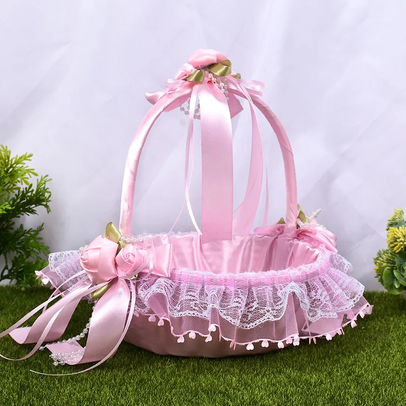 Pink Blue Flower Girl Baby Hold basket bloemenmeisje mandje Satin with Lace Wavy edge cestas de boda