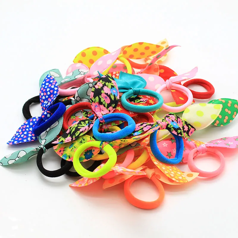 20Pcs Children elastic hair band Cute Polka Bow Rabbit Ears Headband Girl Ring Scrunchie Kids Ponytail Holder Hair Accessories