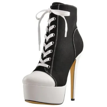 

Womens Canvas Platfrom Ankle Boots Match Colors Stilettos Super High Heel 15CM Round Toe Lace Up Casual Shoes Plus Size N01