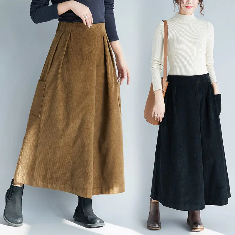 

Retro Corduroy Wide Leg Pants Female Autumn Winter Fashion Large Size Wild A -line Pants Skirt Casual High Waist Trousers f1860
