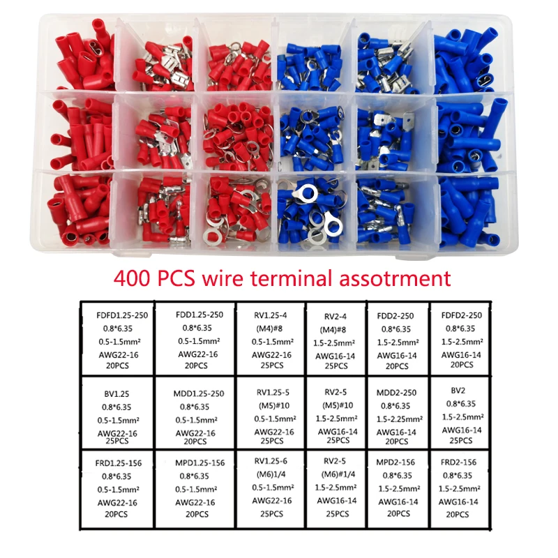 

400PCS Box-packed crimp terminals connector Electrical Insulated wire terminal joint cable size 0.5-2.5mm2 AWG22-14 set suit