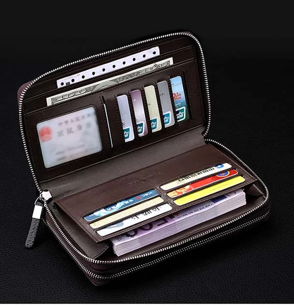 WILLIAMPOLO Leather Vintage Solid Clutch Bag Phone and Card Brand Mens Wallet Double Zipper Genuine Leather Handy Purse