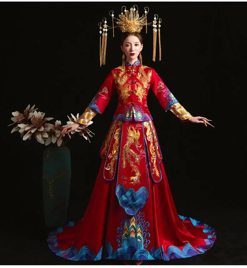 Дракон феникс Ципао для женщин ручной работы вышивка невесты свадебное Cheongsam высокое качество костюм Длина пола леди подарок - Цвет: Red 3