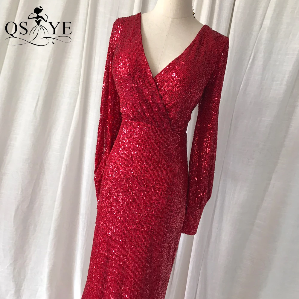 Long Sleeves Red Evening Dress Fitted Mermaid Sequin Evening Gown Glitter Sexy V Neck Party Dress Sparkle Ruched Formal Gown white prom dress