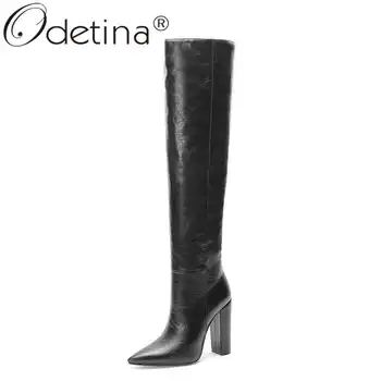 

Odetina Women Fashion Sewing Pointed Toe Keep Warm Knee High Boots Lady Retro Block Extreme High Heel Pull On Winter Long Boots