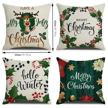 

Hot 45*45cm Christmas Green Sofa Pillow Case Linen Cute Elk Cushion Cover Pillowcase Sofa Pillowcover Christmas Decoration