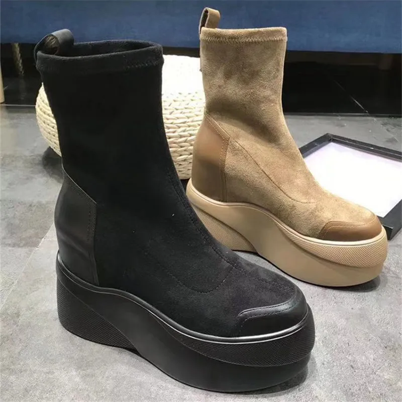Ботинки на платформе; женская обувь; scarpe donna; ботинки на высоком каблуке с круглым носком; модная обувь на толстой подошве; chaussures femme; Плюшевые ботинки