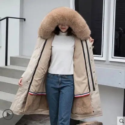 Parka 110cm Зимние толстые теплые парки с капюшоном из натурального меха лисы, женские зеленые пальто и куртки с подкладкой из кроличьего меха, Женское пальто с длинным рукавом - Цвет: Parka 110cm