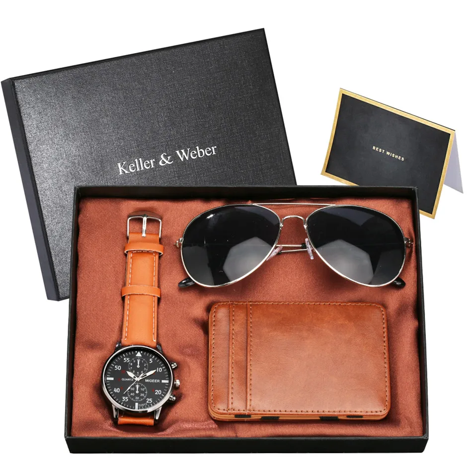 Wholesale Keller & Weber Men Watch Sets with Magic Card Pack Fashion Sunglasses Birthday Thanksgiving Gift Men's Wristwatch Set