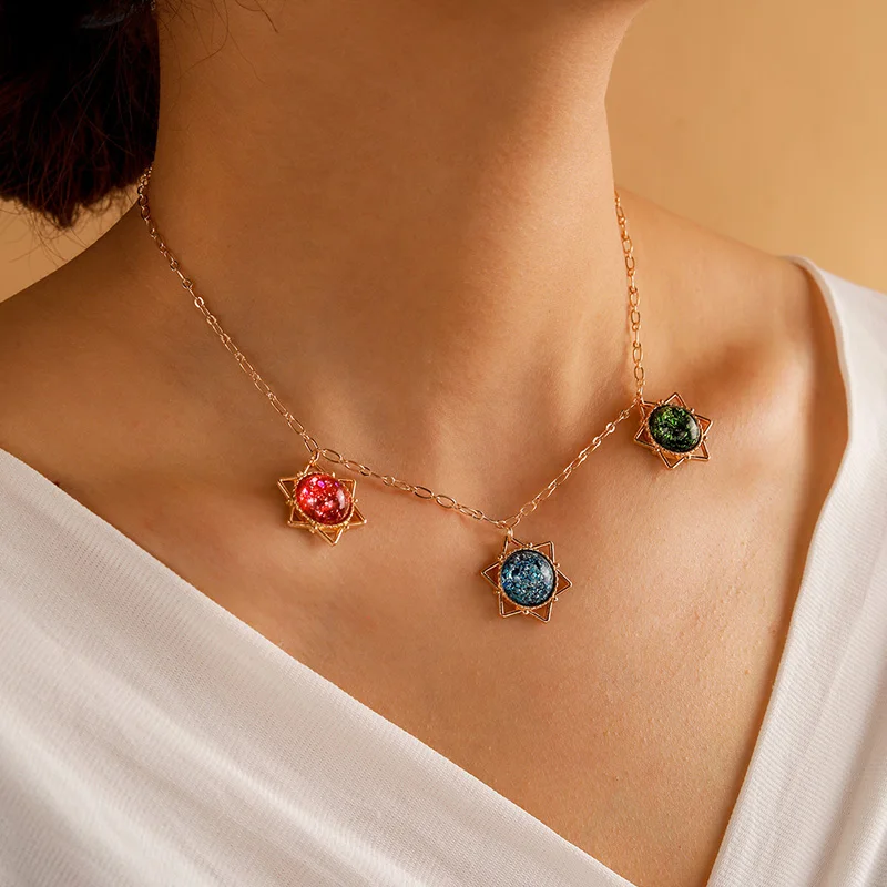 

HuaTang Boho Crystal Sun Star Pendant Necklace for Women Colorful Starry Sky Charming Necklaces Ladies Party Collares Jewelry