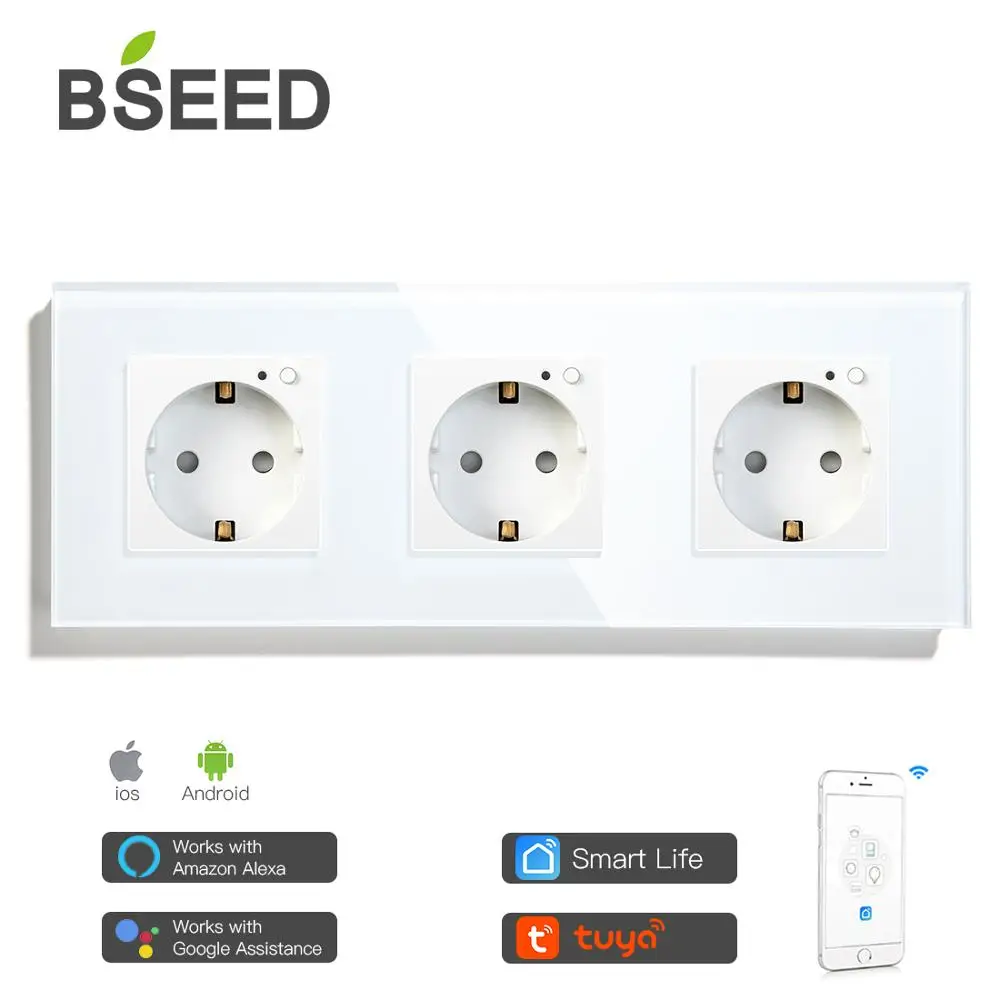 BSEED EU Wifi Triple Wall Socket Crystal Glass Panel Electrical Outlet 3 Colors White Black Golden Work With Tuya Smart Life