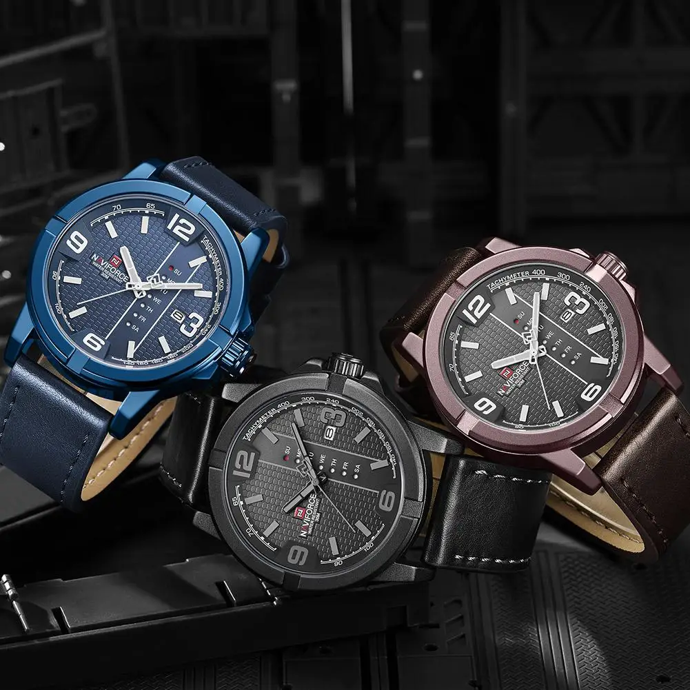 

GloryStar Men Sports Quartz Watch Week Date Waterproof Genuine Leather Strap Wristwatch