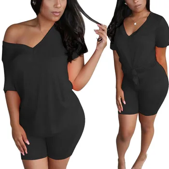 

2020 Summer Women Short Sleeves Solid Color Fashion Casual Bodycon Stretch T-shirt Short Pants Set J55