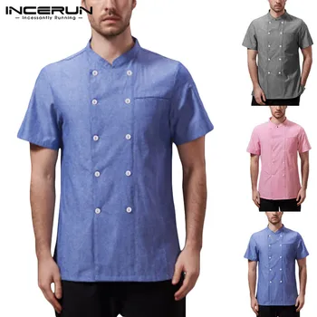 

INCERUN Chef Uniform Men Shirt Solid Short Sleeve Kitchen Restaurant Double Breasted Food Service Unisex Chef Jackets Clothing