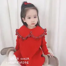 Осень, Новое поступление, модное вязаное платье для девочек, красное рождественское платье с длинными рукавами для девочек