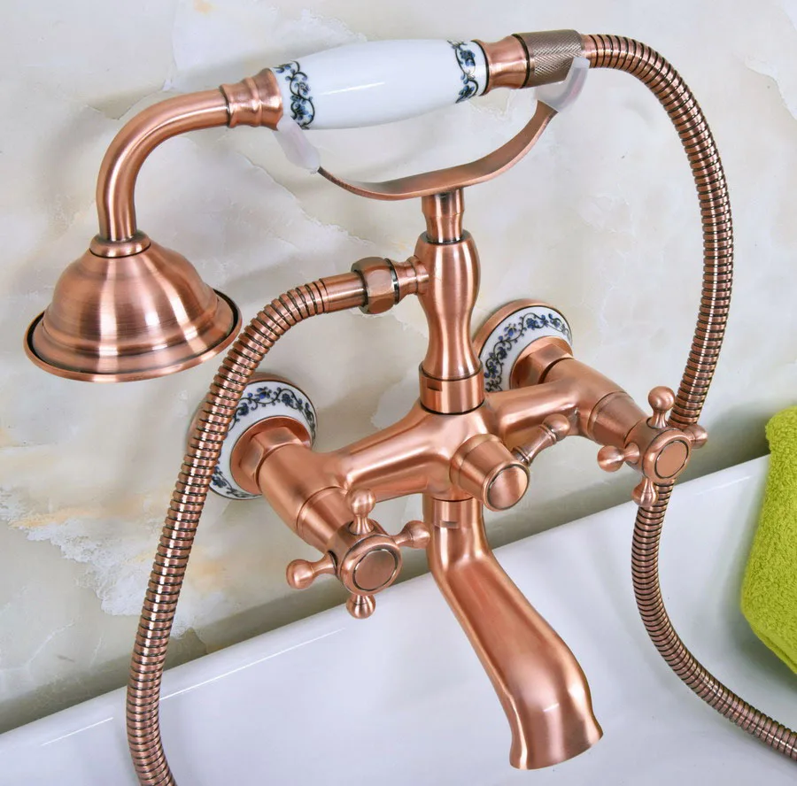 

Red Copper Antique Wall Mount Bathroom Bathtub Faucet Set WITH/ 1500MM Handheld Shower Spray Head Mixer Tap Dna337