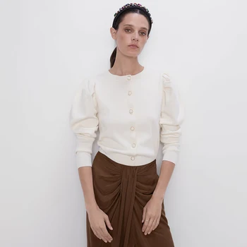 

ZA Knit Sweater 2019 Autumn New Women's Fashion Solid Color Puff Long Sleeve Round Neck Single Breasted Casual Knit Sweater