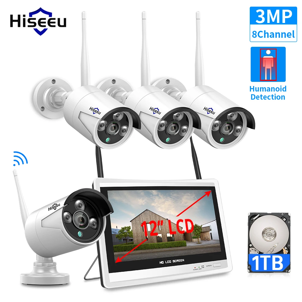 Hiseeu 3MP 8CH Wireless NVR Kits 12' LCD display 1536P HD outdoor security IP Camera video surveilla