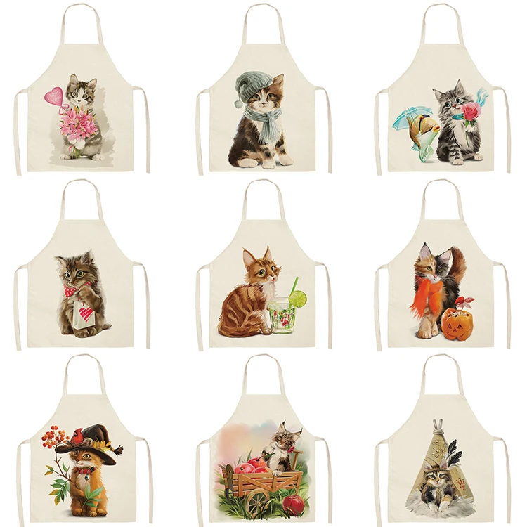 Cute Cat Kitchen Sleeveless Aprons For Women Cotton Linen Bibs Household Cleaning Pinafore Home Cooking Apron 53*65cm WQL0200