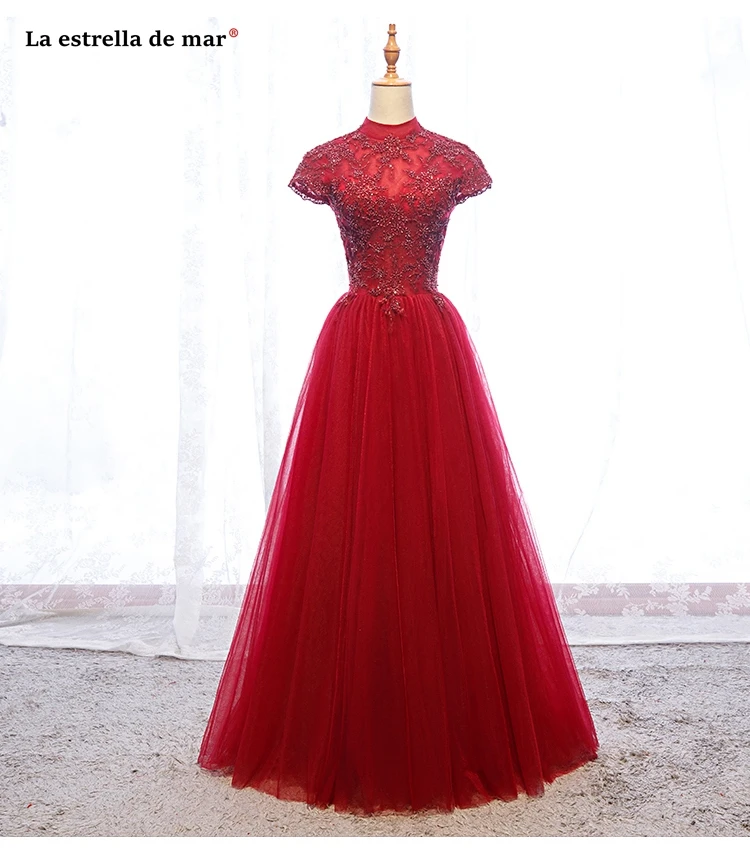 Vestido madrinha новые тюлевые с высоким воротом и коротким рукавом сзади трапециевидные Бордовые Платья для подружки невесты длинное свадебное платье для гостей advan