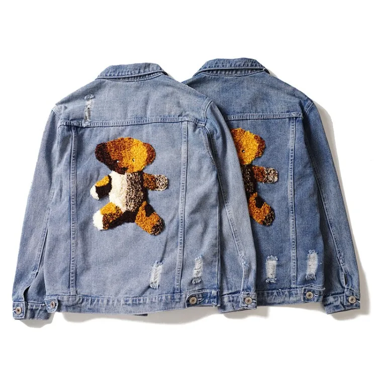 

European And American Streets Hip Hop Popular Autumn & Winter Men And Women Handsome Jacket behind Small Velvet Brown Bear Jeans