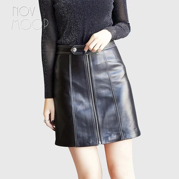 

Novmoop American chic style black women sheepskin genuine leather mini skirt with zipper button decor jupe femme falda LT2999