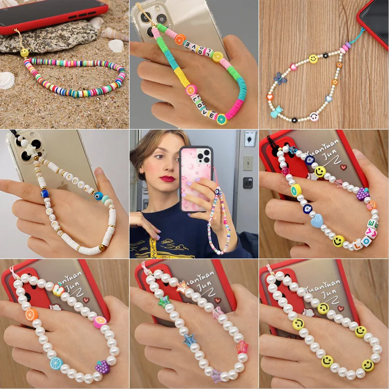 Colorful Smiling Beads Chain Phone Chain Lanyard Beads Mobile Phone Chain Anti-lost Handmade Acrylic Cord Lanyard for Women Gift 7 1628069611(1)