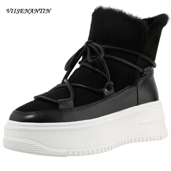 

British Flat Platform Women Snow Boots Winter New Velvet Warm Thick Sole Genuine Leather Fur Vintage High Quality Black Shoes