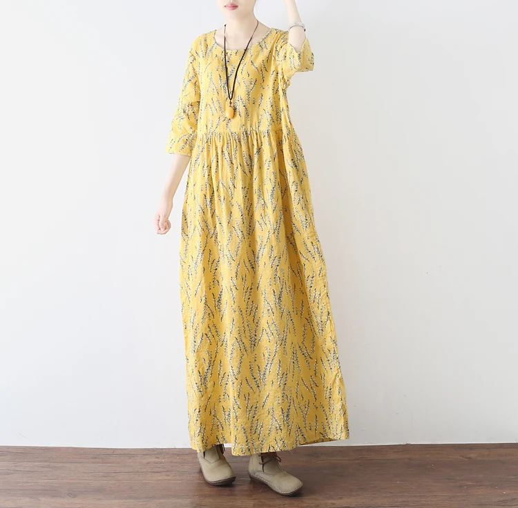 Spring Autumn Vintage Cotton Linen High Waist Floral Printing Dress Loose Casual Big Size Three Quarter Ladies Robe Dresses