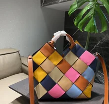 

Fashion Panelled Design Cow Leather Weave Tote Bag For Women Colorful Diamond Lattice Female Large Capacity Shopping Handbag