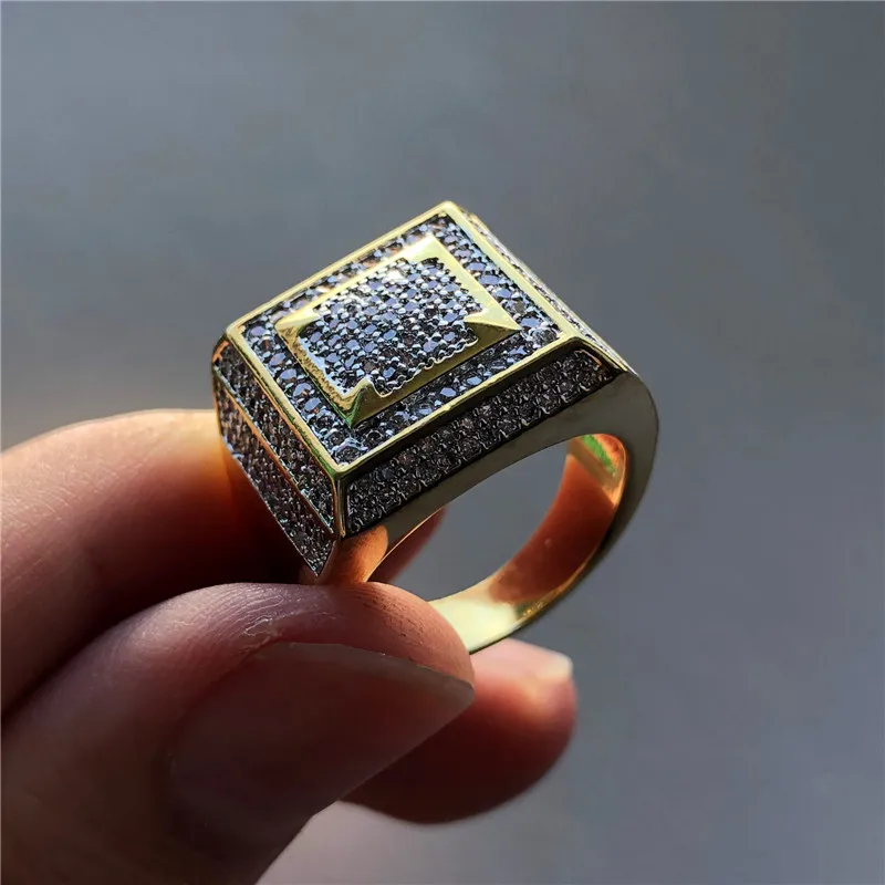 

Gorgeous Men Yellow Gold Hip Hop Ring Luxury Small White Zircon Ring Male Big Engagement Finger Ring Vintage Wedding Jewelry