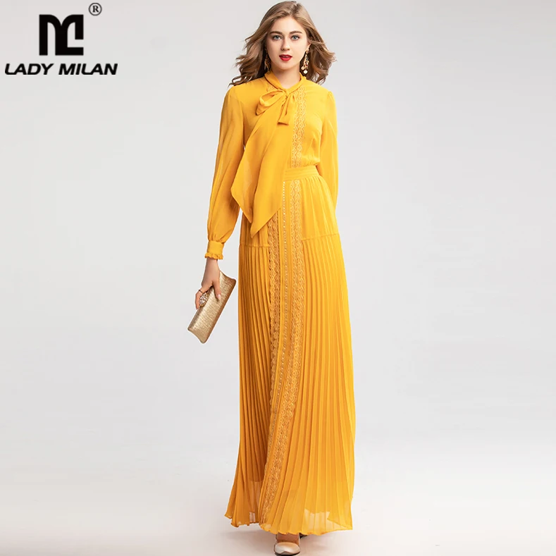 

Women's Runway Dresses Bow Collar Long Sleeves Lace Patchwork Pleated Elegant Maxi Prom Party Dress