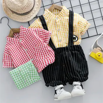 

Baby Boys Girls Cotton Clothes short sleeve Children plaid shirt Bib Pants 2Pcs/sets Infant Kids Fashion Toddler Tracksuits set