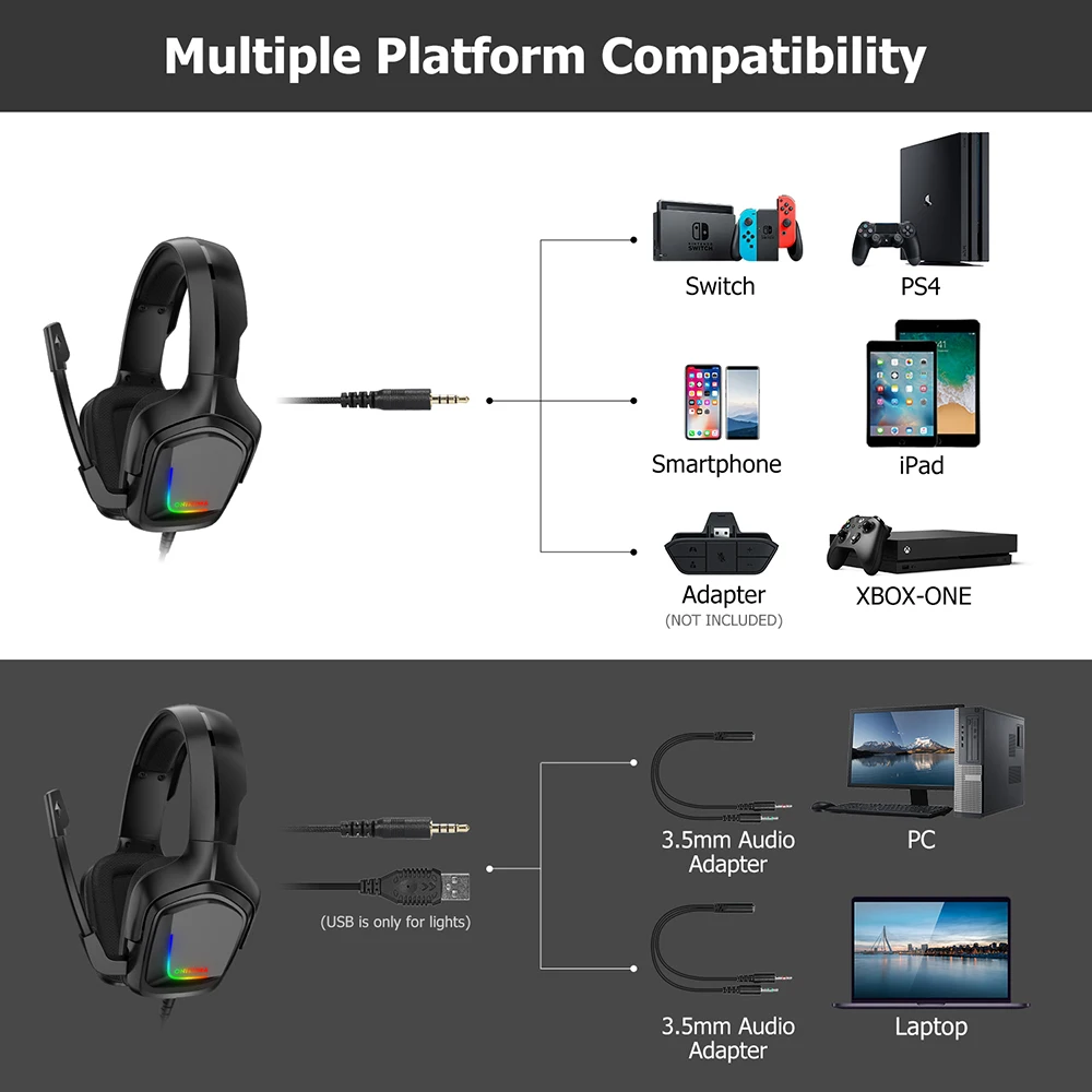 Newmsnr K20 RGB светодиодный ПК Игровые наушники Проводная гарнитура наушники реалистичный стерео звук шумоподавление микрофон