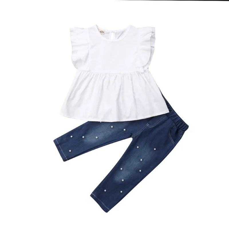 Kids Girl Clothes Sets Ruffle Sleeveless Top Dress Pearl Denim Pants