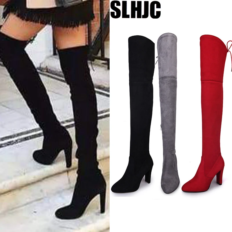 SLHJC Сезон весна осень Сапоги на высоком каблуке выше колена женские туфли лодочки