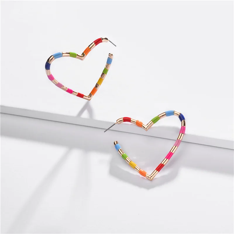 Модные радужные цветные эмалированные серьги-кольца с большим сердцем для женщин