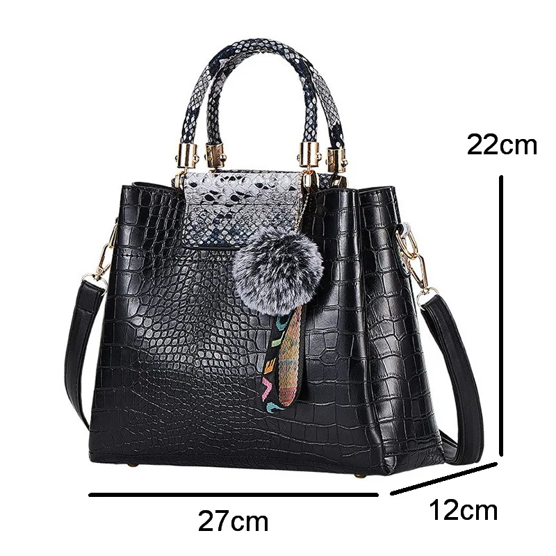 FUNMARDI Luxury Brand Handbag Women Alligator Patchwork Shoulder Bag Crossbody New PU Women Bag Trunk Tote Bag Hairball WLHB2025