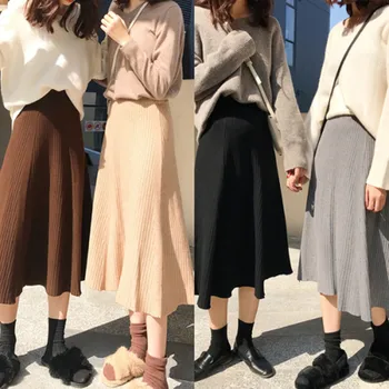 

2019 Autumn Winter High Quality Korean Edition Restoring Ancient Women’s Knit Umbrella Skirt Female Leisure Half Body Skirt
