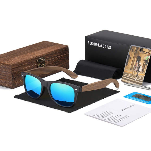 GM Brand Walnut Wooden Polarized Men's Sunglasses Square Frame Sun glasses Women Sun glasses Male Oculos de sol Masculino S7061h Blue Square Box