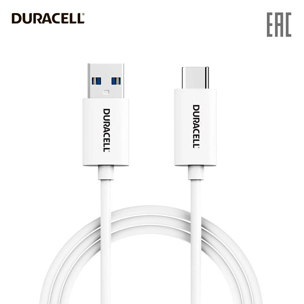 Кабель USB/Type C Duracell, 1м, TPU, USB 3.0, Fast charging, белый, USB5031W-RU