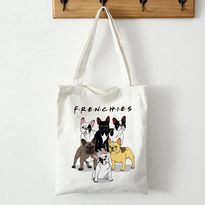 Shoulder-Bag Book Canvas Teacher Bulldog-Print Travel Frenchie Reusable Women Students